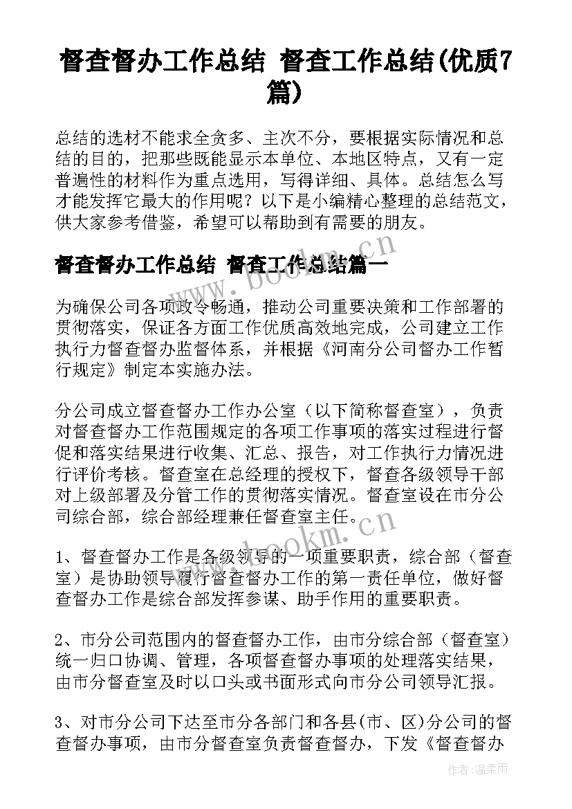 督查督办工作总结 督查工作总结(优质7篇)