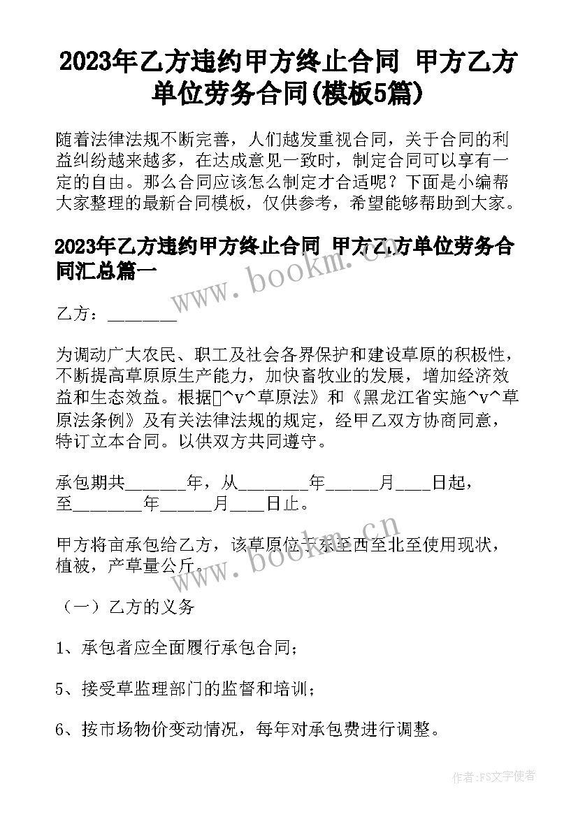 2023年乙方违约甲方终止合同 甲方乙方单位劳务合同(模板5篇)