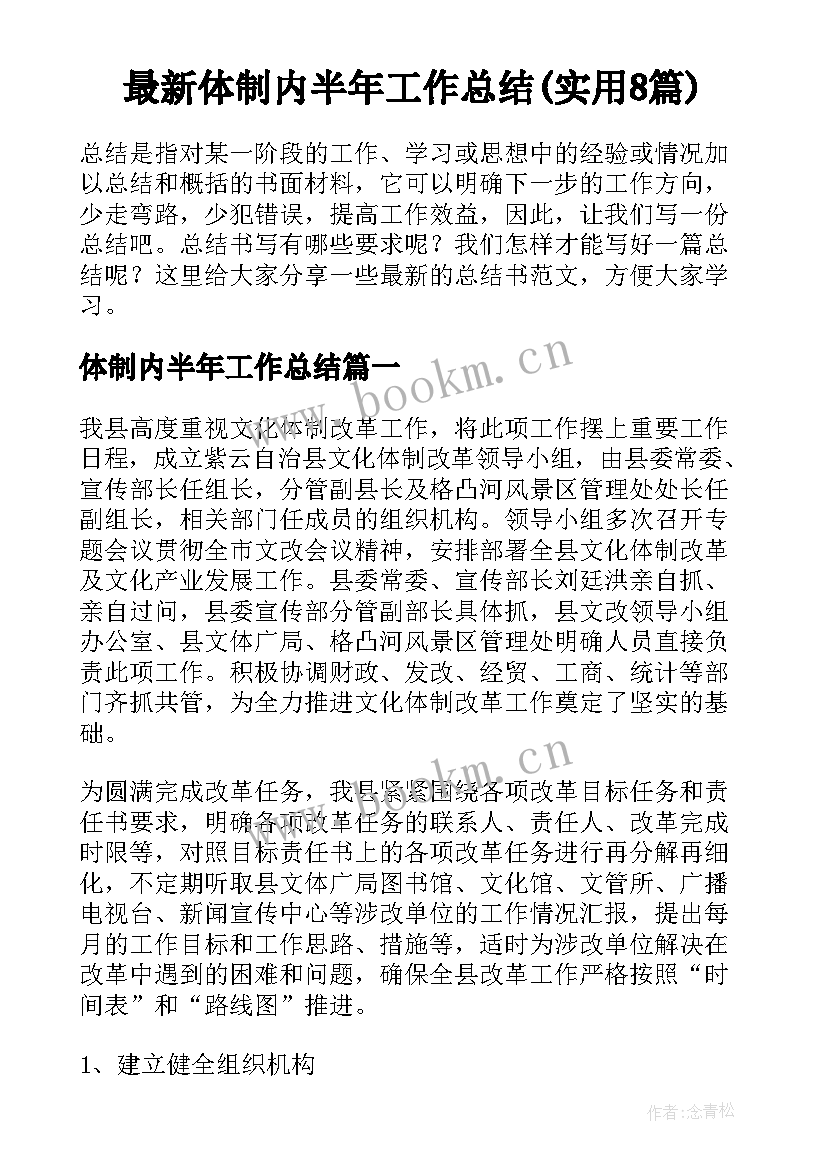 最新体制内半年工作总结(实用8篇)