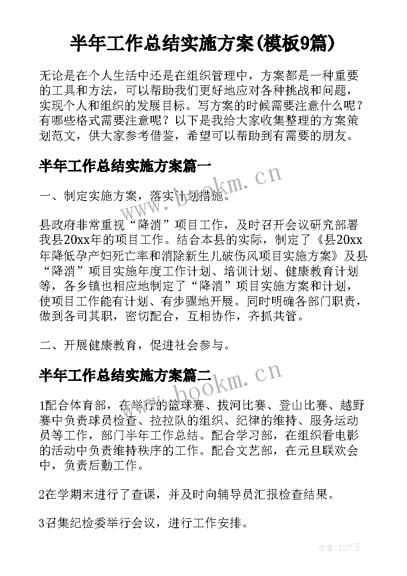 半年工作总结实施方案(模板9篇)