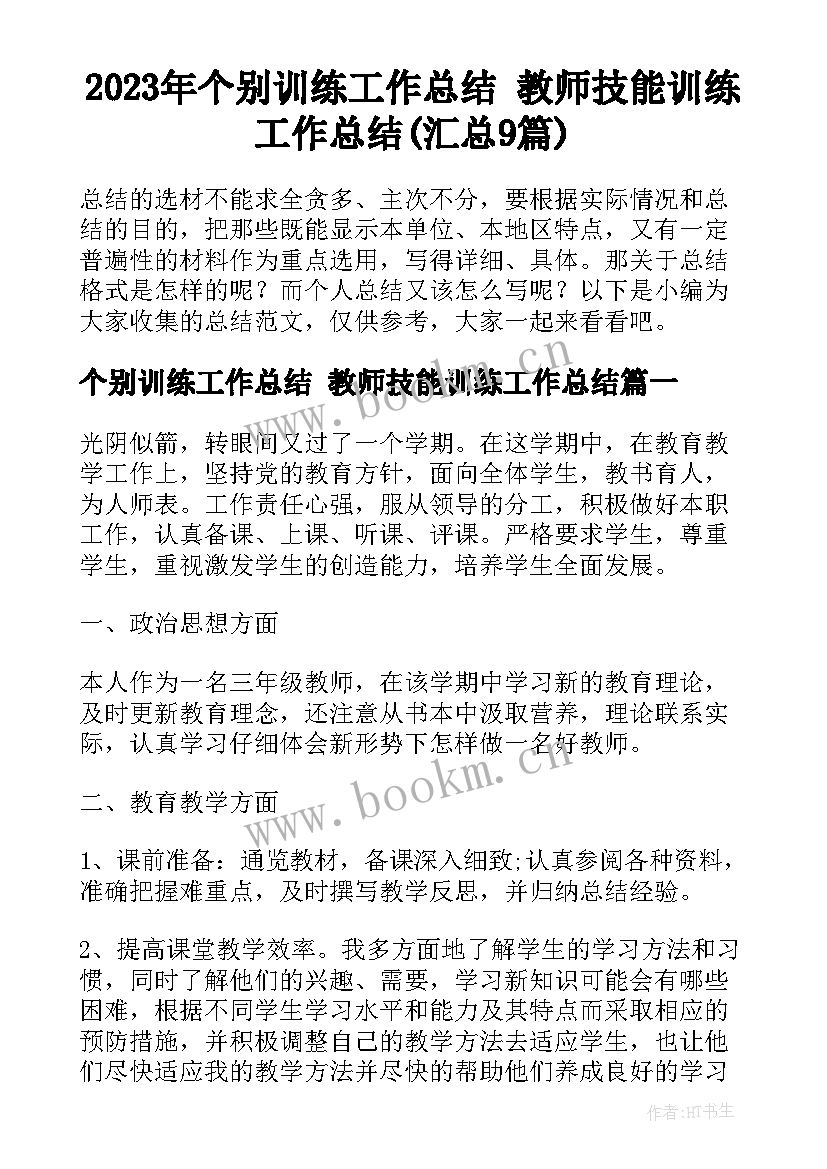 2023年个别训练工作总结 教师技能训练工作总结(汇总9篇)