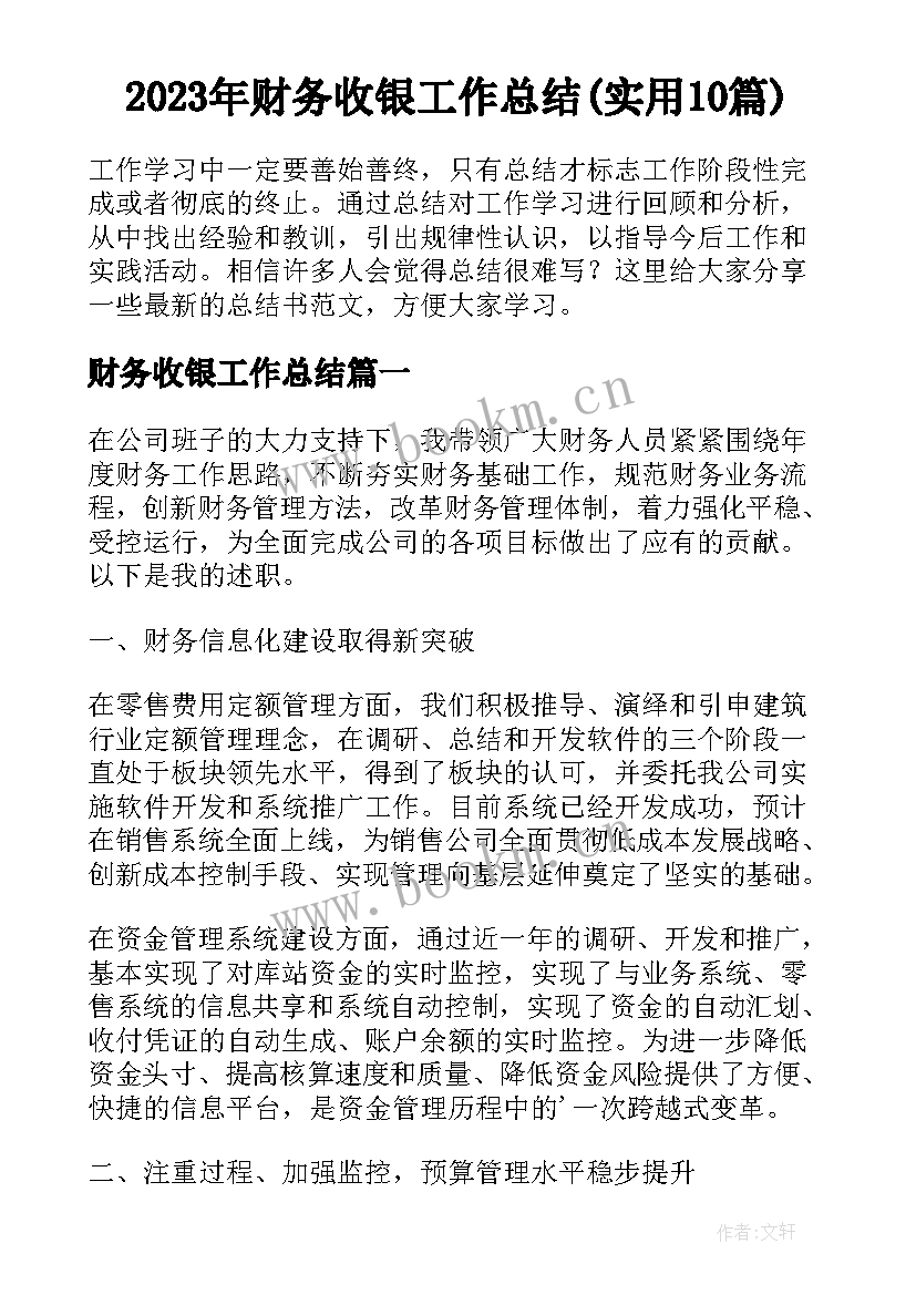 2023年财务收银工作总结(实用10篇)