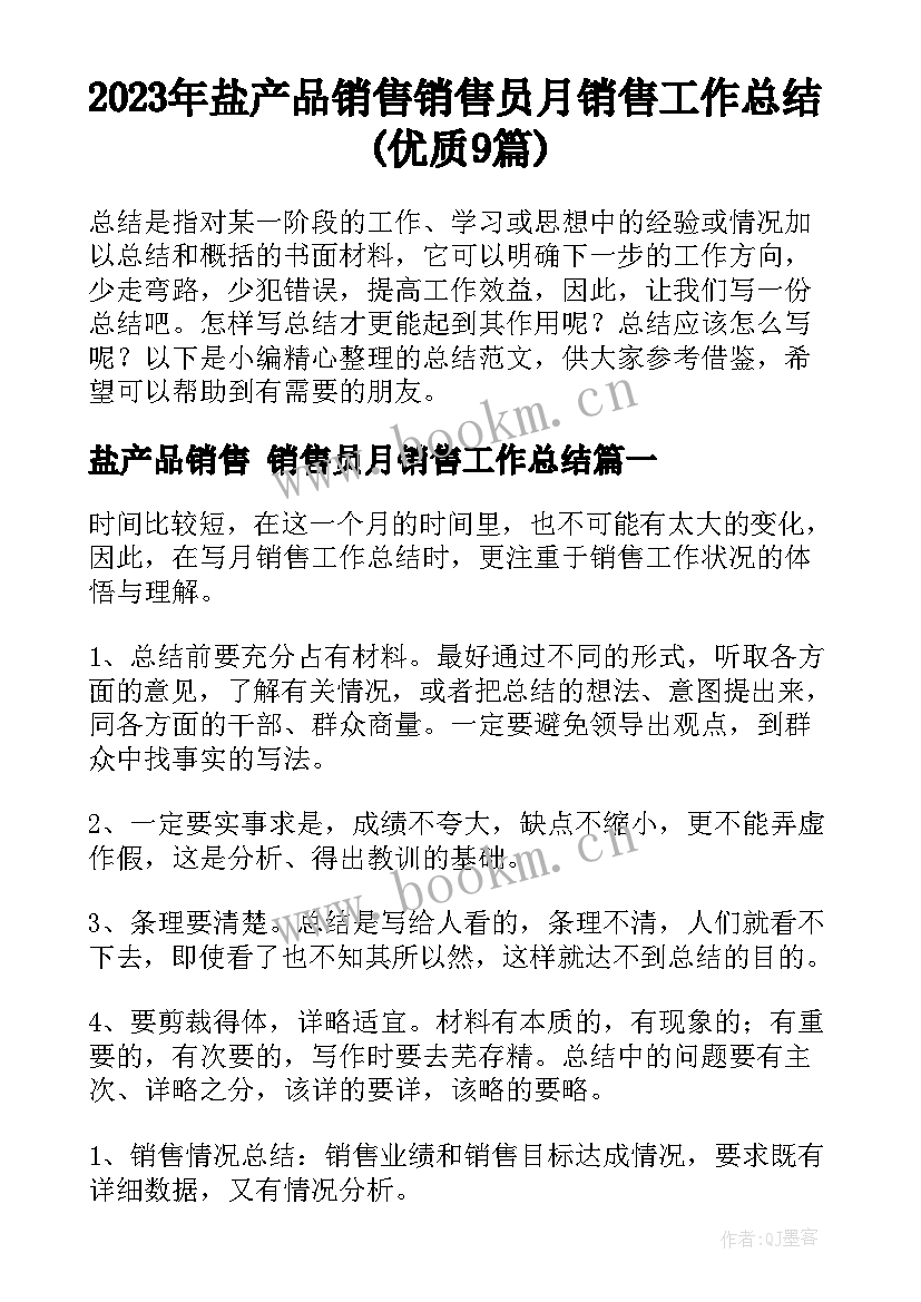 2023年盐产品销售 销售员月销售工作总结(优质9篇)