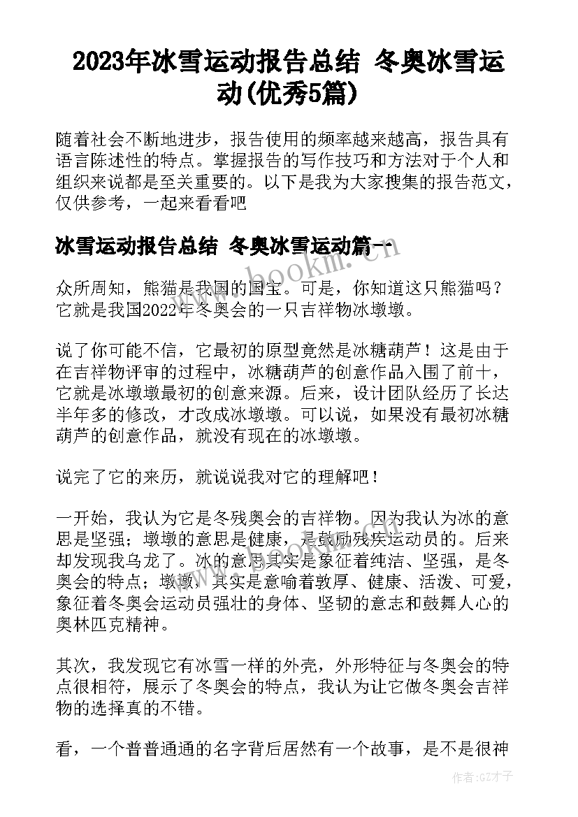 2023年冰雪运动报告总结 冬奥冰雪运动(优秀5篇)