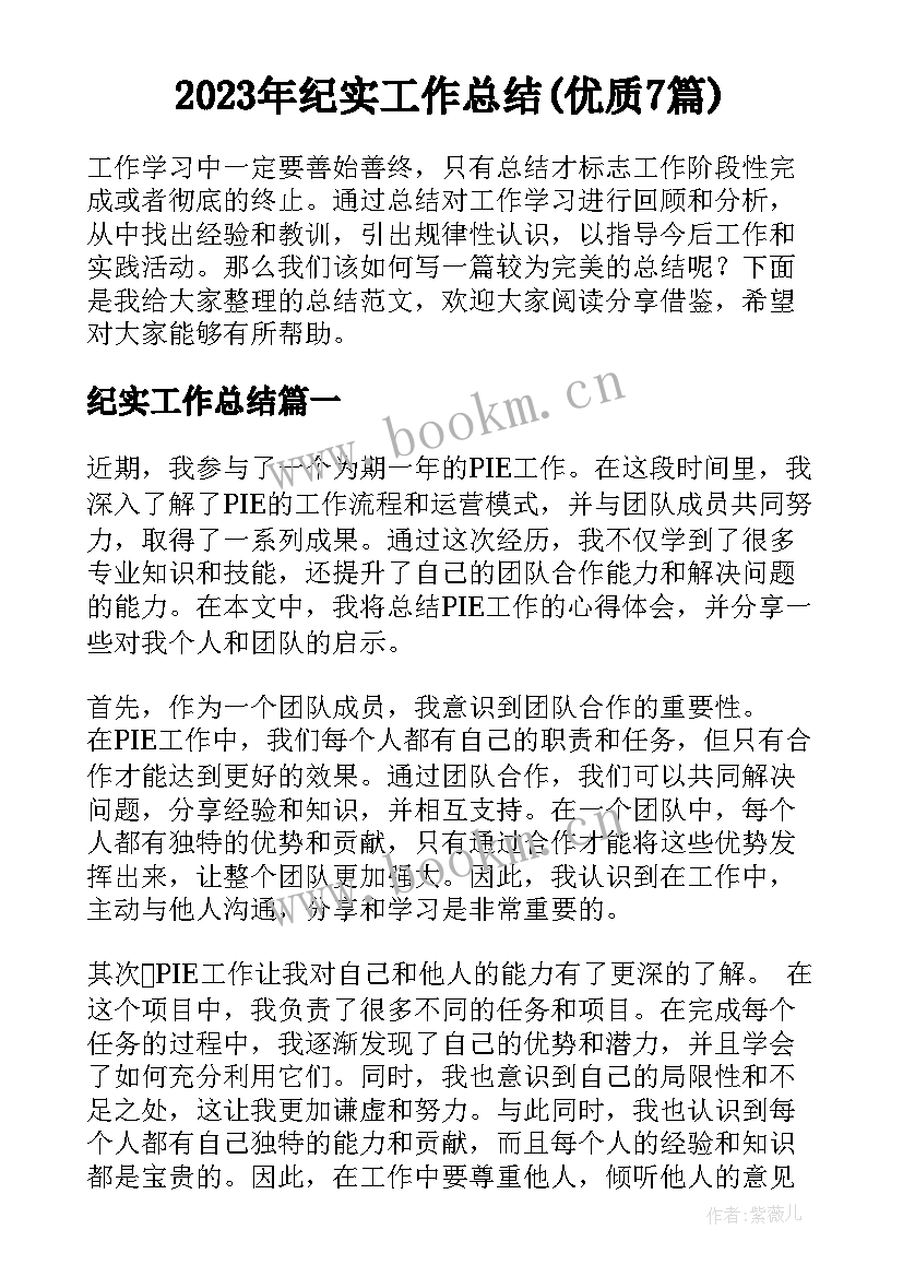 2023年纪实工作总结(优质7篇)