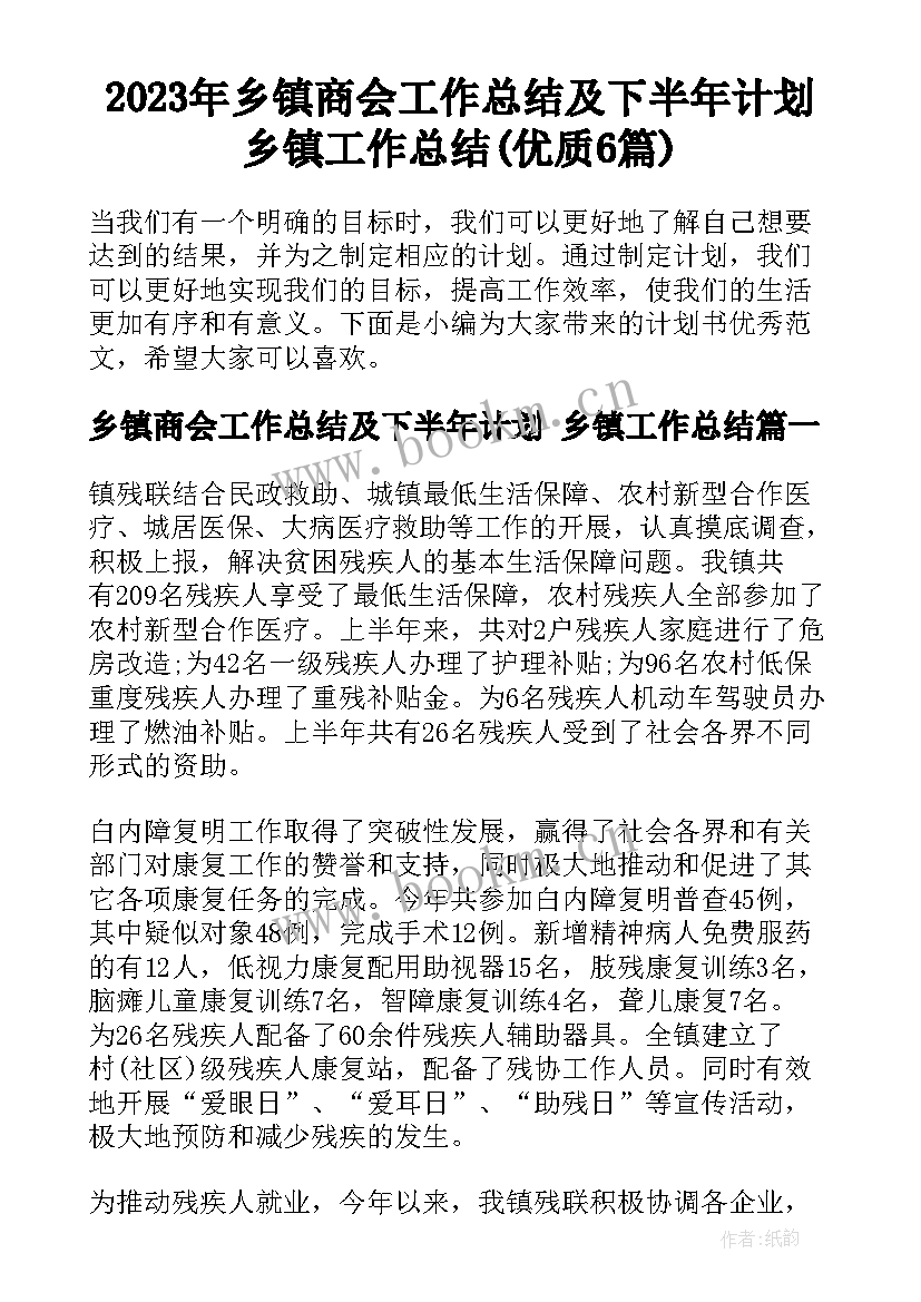 2023年乡镇商会工作总结及下半年计划 乡镇工作总结(优质6篇)