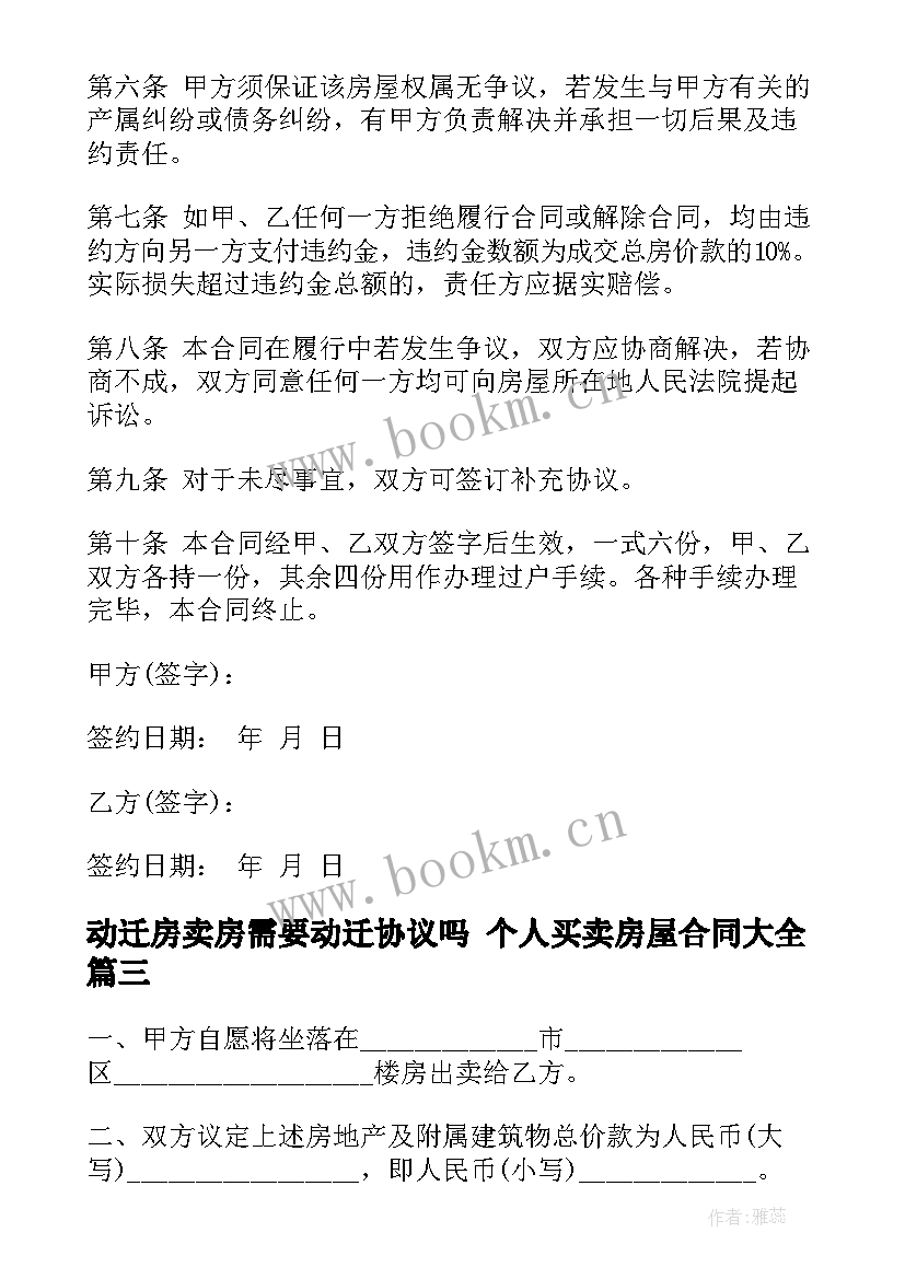 2023年动迁房卖房需要动迁协议吗 个人买卖房屋合同(大全7篇)