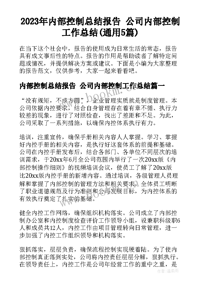 2023年内部控制总结报告 公司内部控制工作总结(通用5篇)