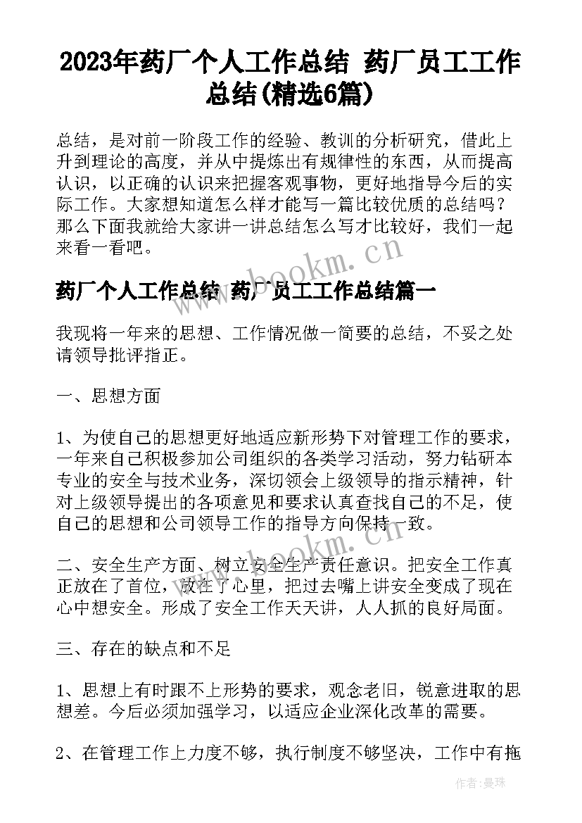 2023年药厂个人工作总结 药厂员工工作总结(精选6篇)