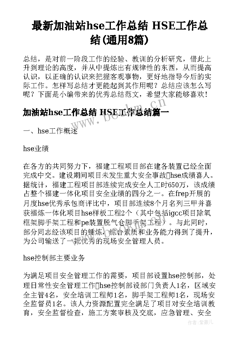 最新加油站hse工作总结 HSE工作总结(通用8篇)