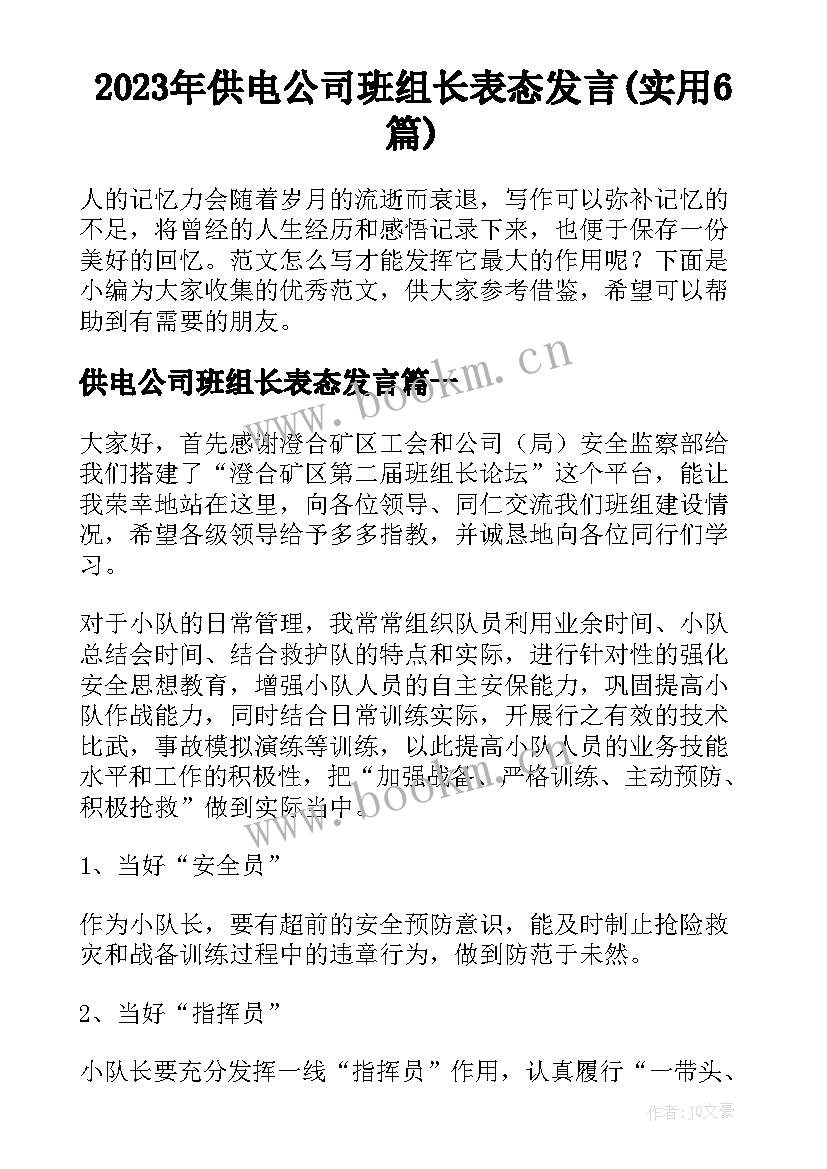 2023年供电公司班组长表态发言(实用6篇)