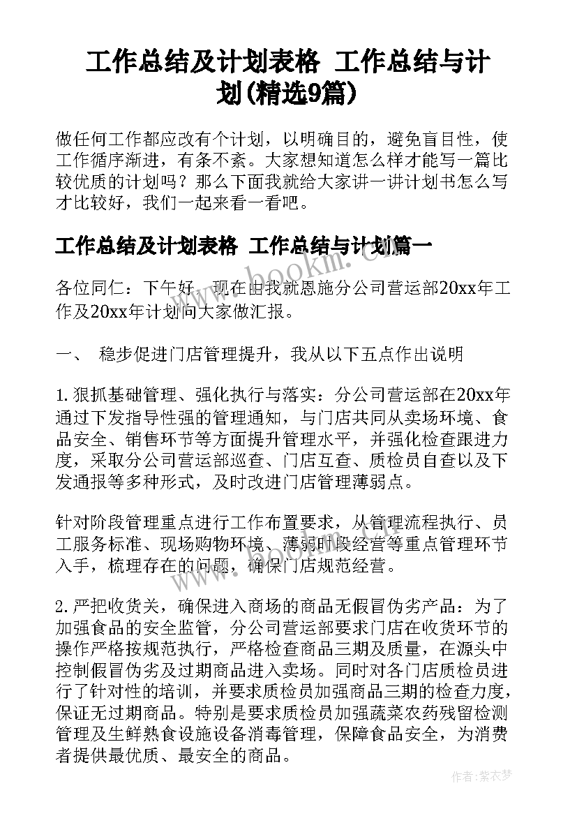 工作总结及计划表格 工作总结与计划(精选9篇)