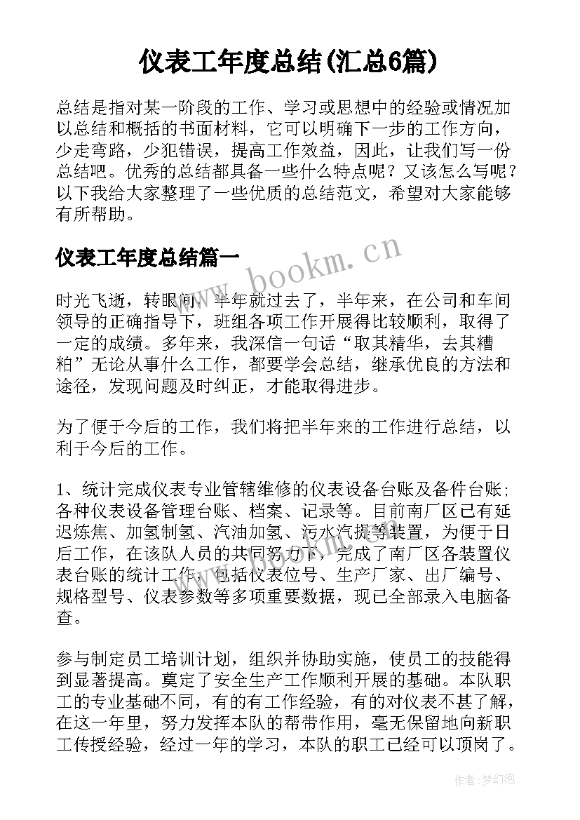 仪表工年度总结(汇总6篇)