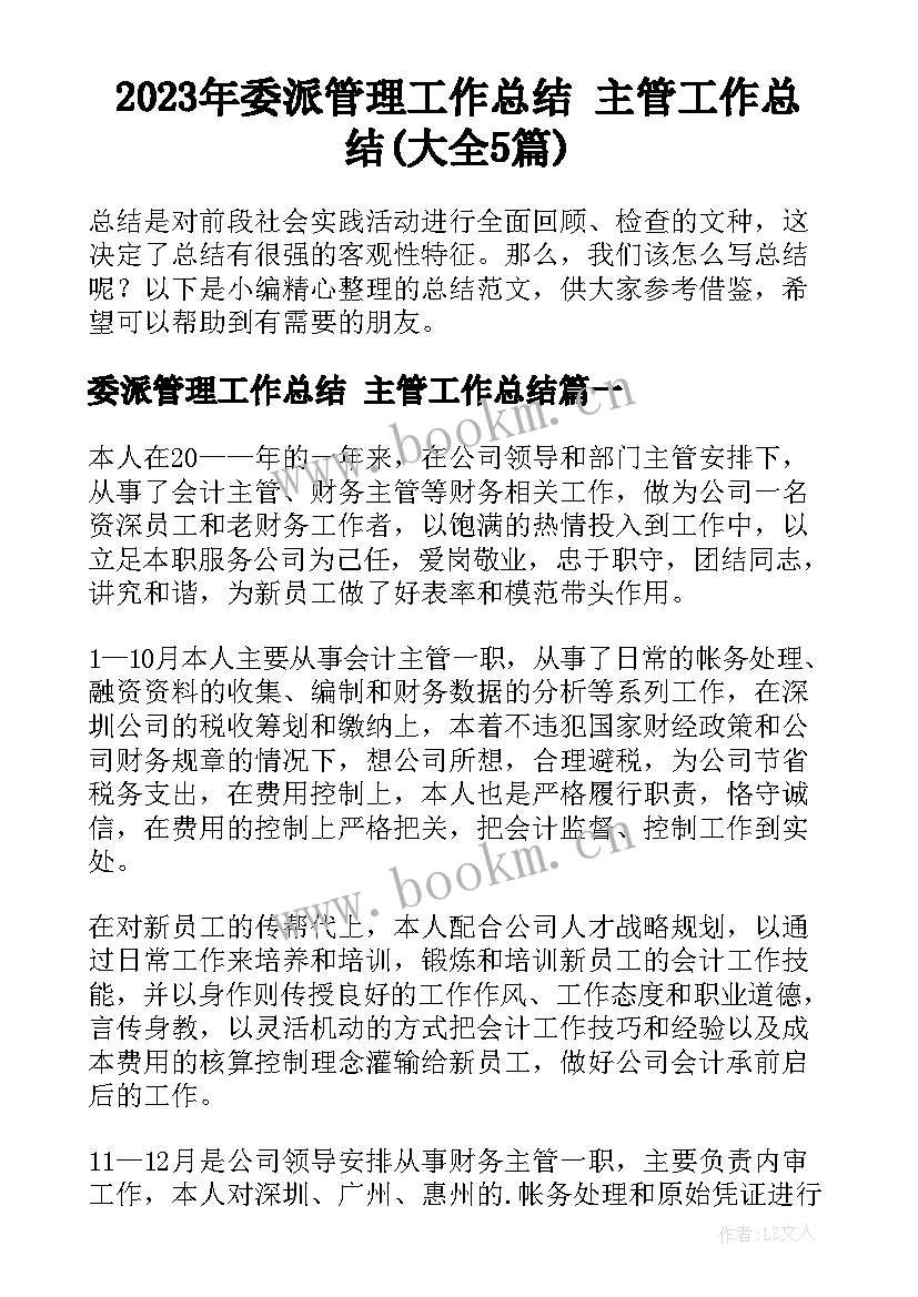 2023年委派管理工作总结 主管工作总结(大全5篇)