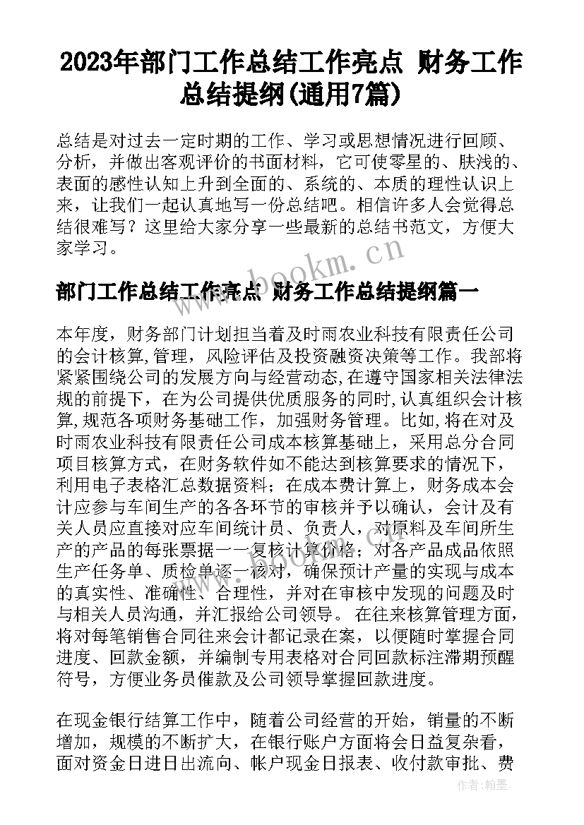 2023年部门工作总结工作亮点 财务工作总结提纲(通用7篇)