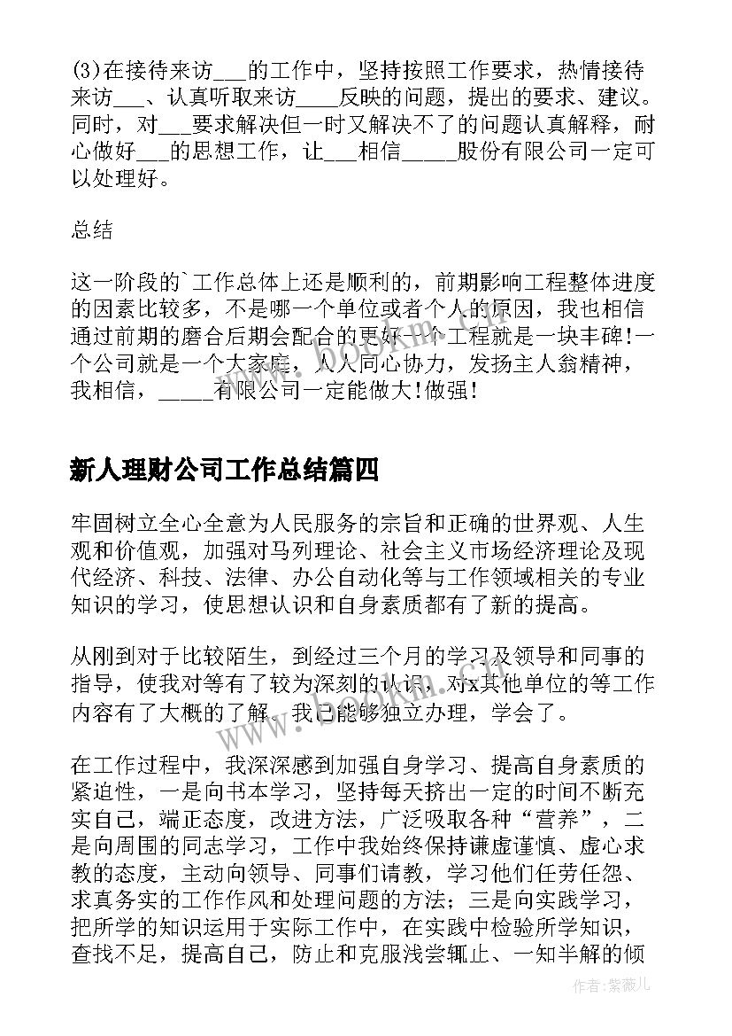 最新新人理财公司工作总结(精选7篇)