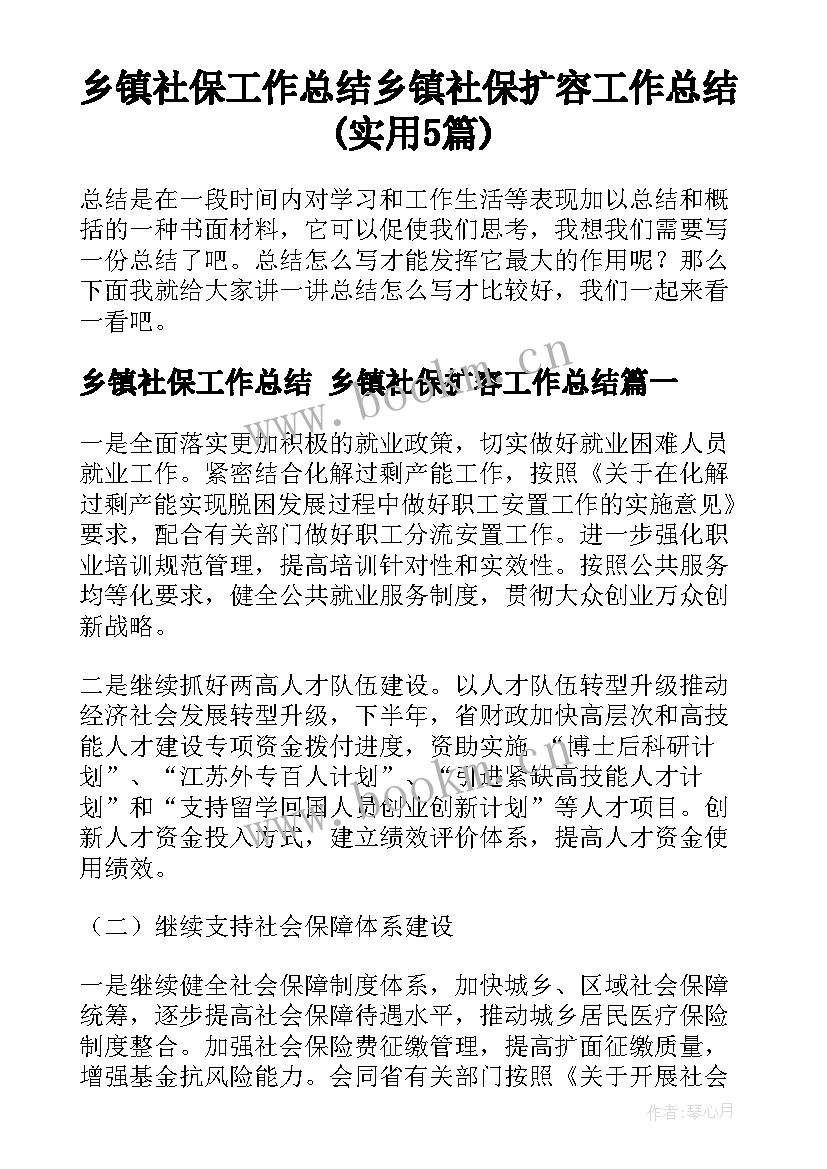 乡镇社保工作总结 乡镇社保扩容工作总结(实用5篇)