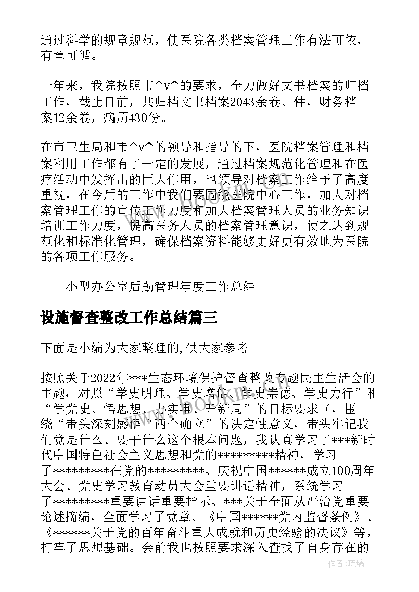 2023年设施督查整改工作总结(精选5篇)