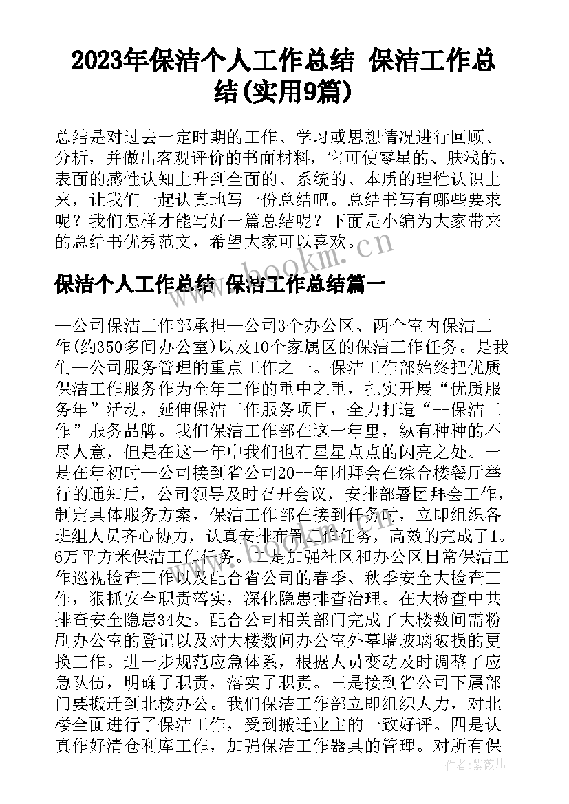 2023年保洁个人工作总结 保洁工作总结(实用9篇)