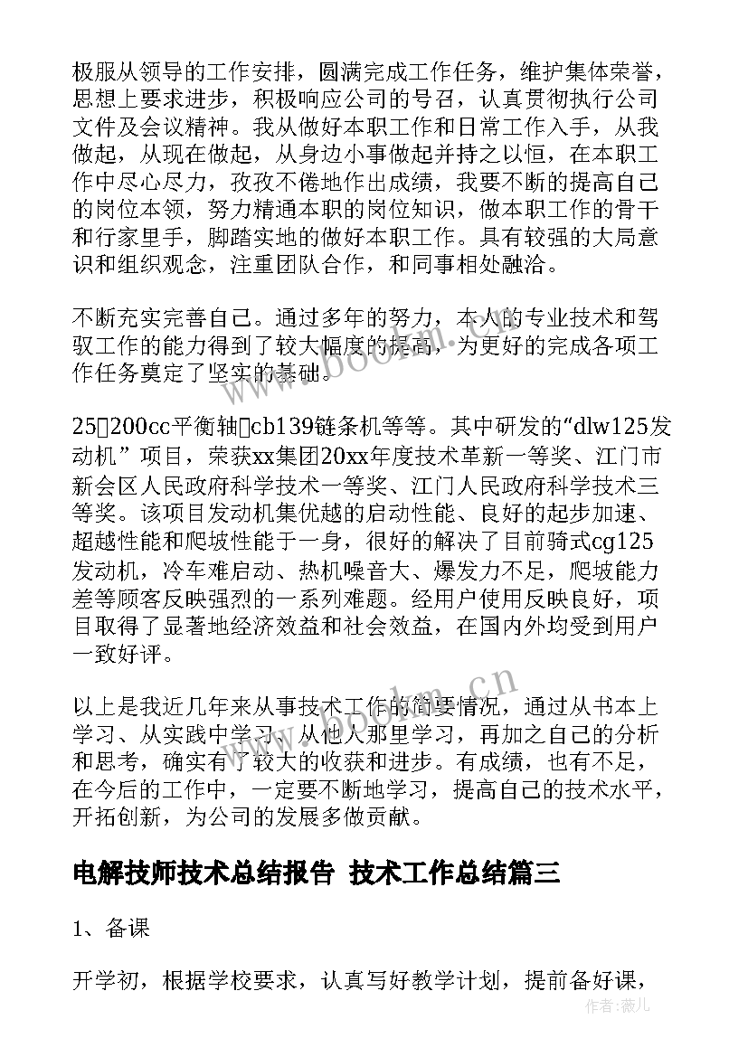 2023年电解技师技术总结报告 技术工作总结(通用6篇)