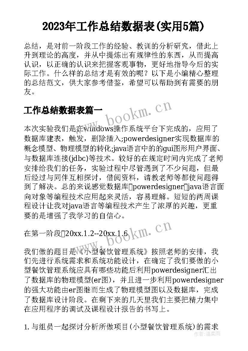 2023年工作总结数据表(实用5篇)