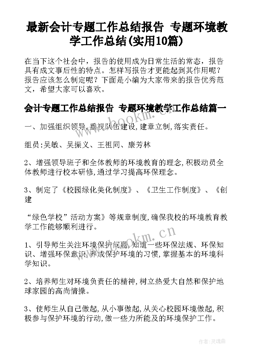 最新会计专题工作总结报告 专题环境教学工作总结(实用10篇)