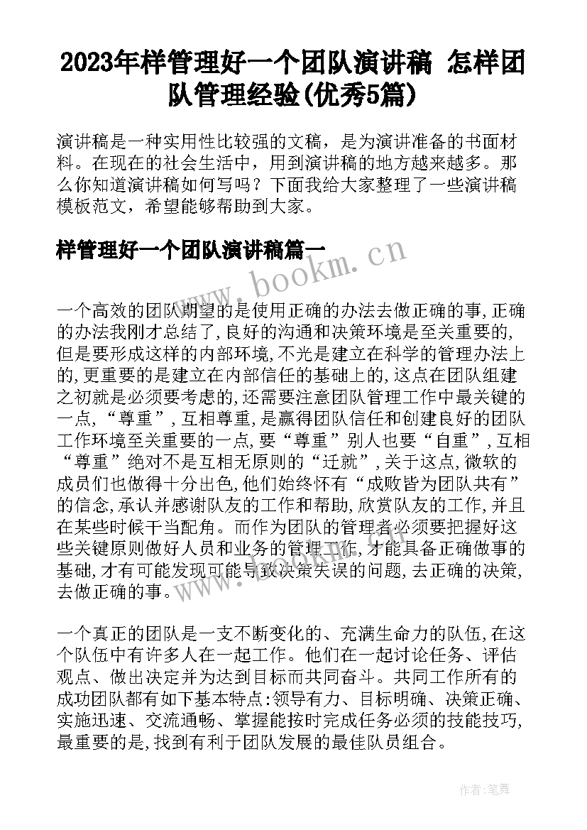 2023年样管理好一个团队演讲稿 怎样团队管理经验(优秀5篇)