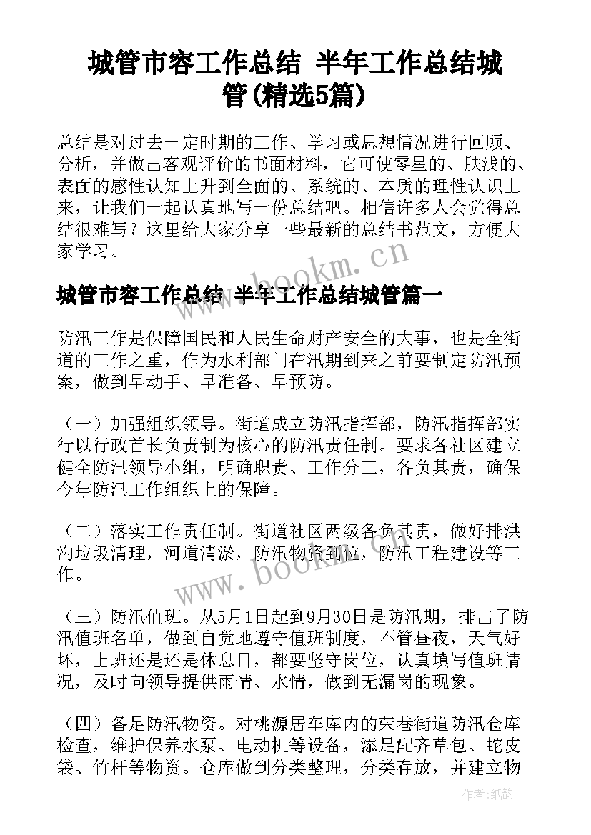 城管市容工作总结 半年工作总结城管(精选5篇)