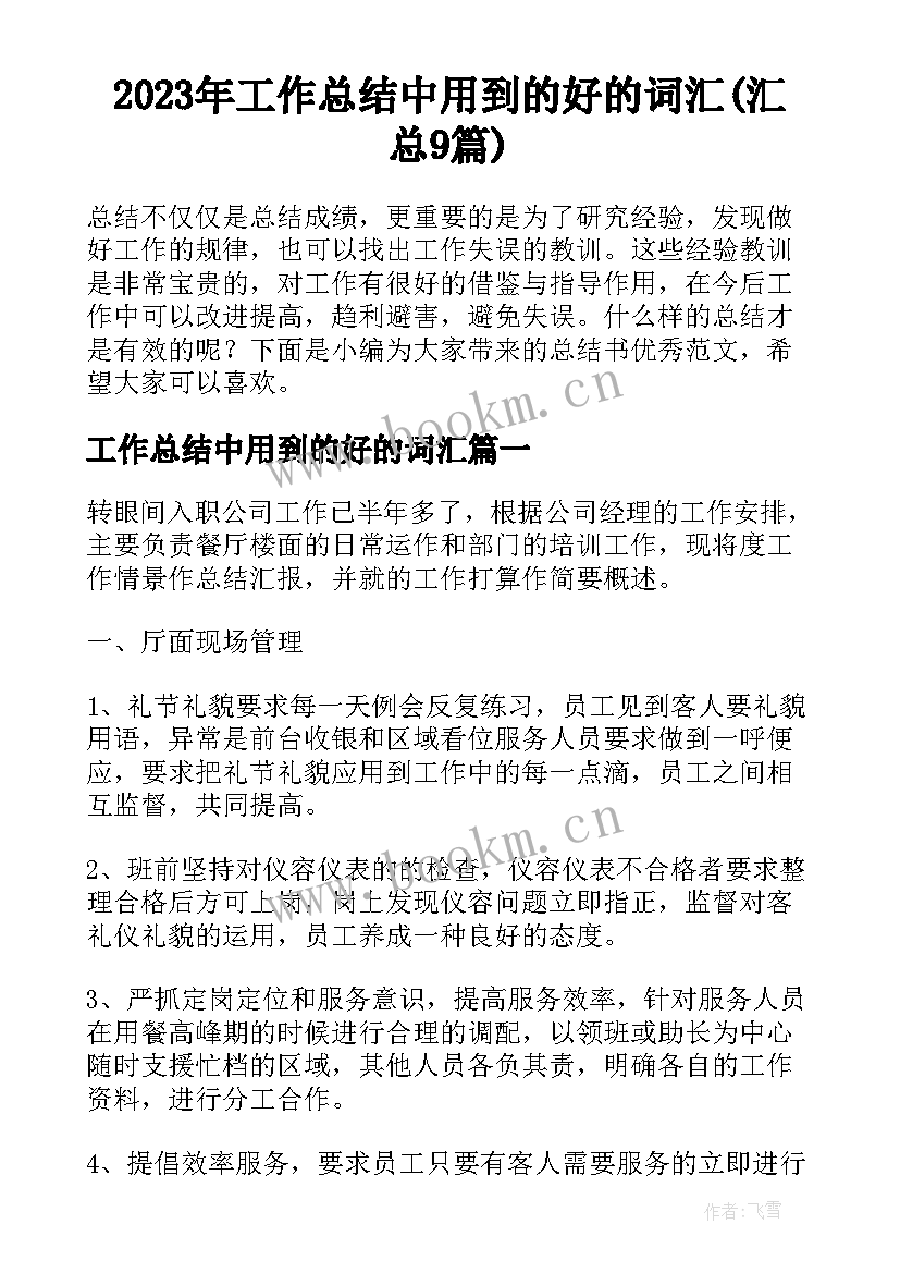 2023年工作总结中用到的好的词汇(汇总9篇)