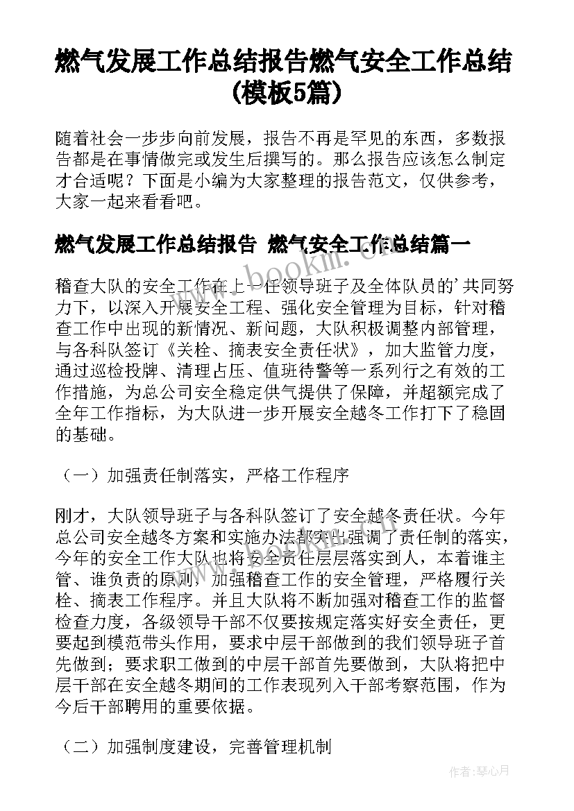 燃气发展工作总结报告 燃气安全工作总结(模板5篇)