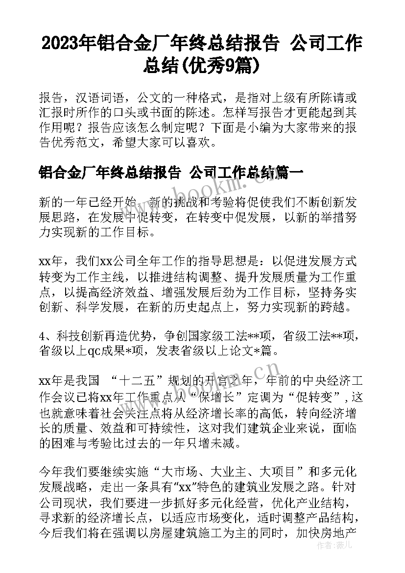 2023年铝合金厂年终总结报告 公司工作总结(优秀9篇)