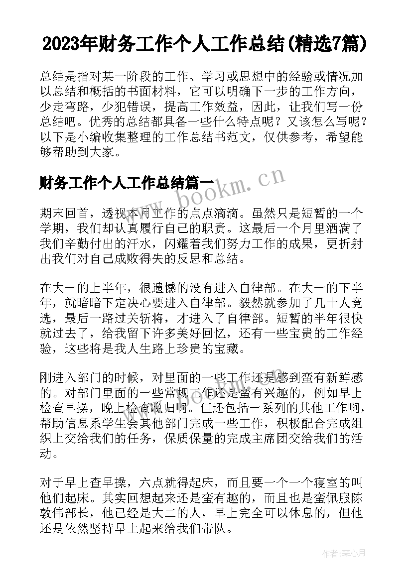 2023年财务工作个人工作总结(精选7篇)