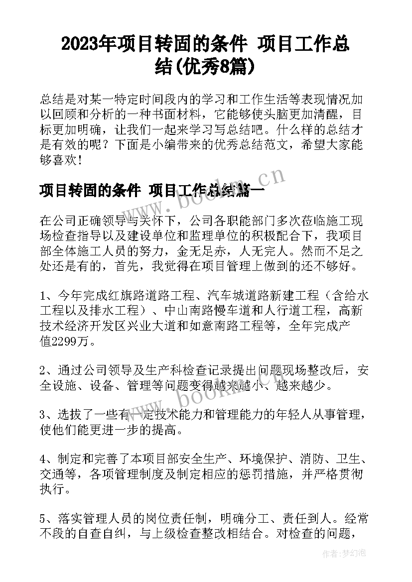 2023年项目转固的条件 项目工作总结(优秀8篇)