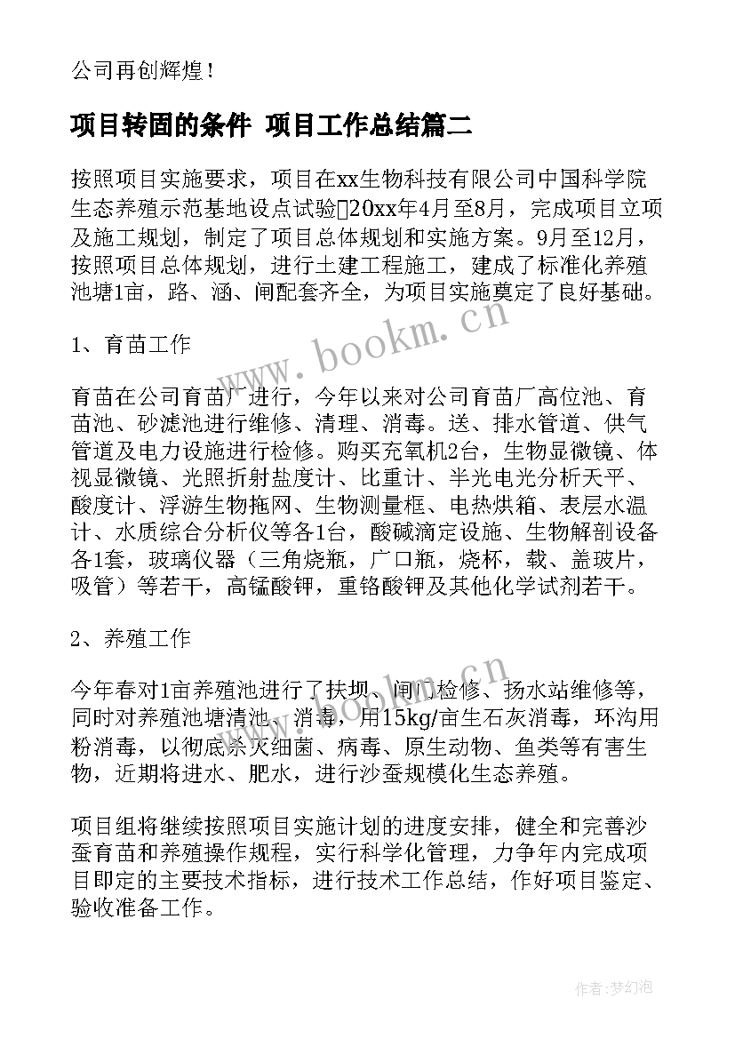 2023年项目转固的条件 项目工作总结(优秀8篇)