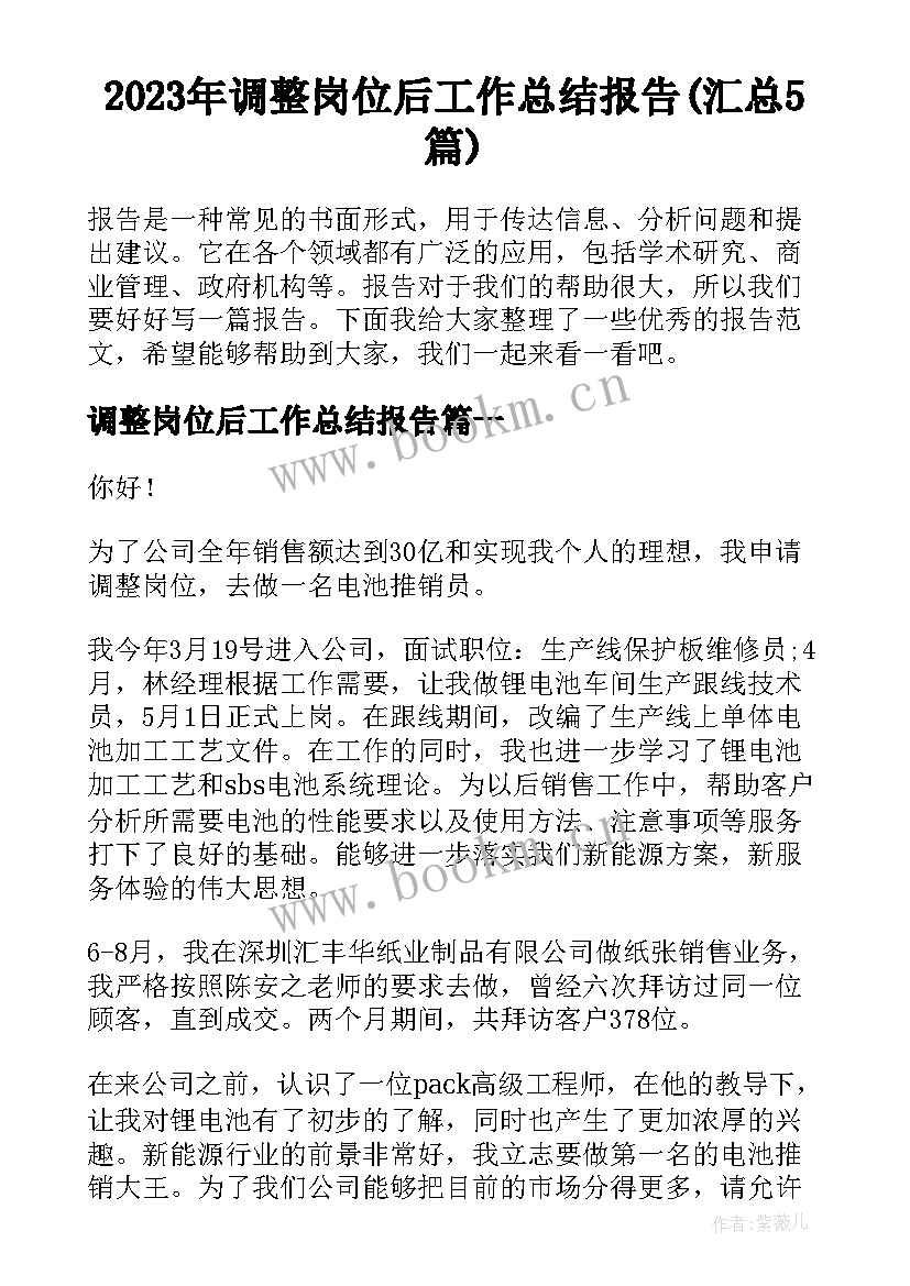 2023年调整岗位后工作总结报告(汇总5篇)