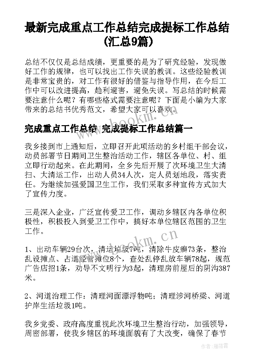 最新完成重点工作总结 完成提标工作总结(汇总9篇)