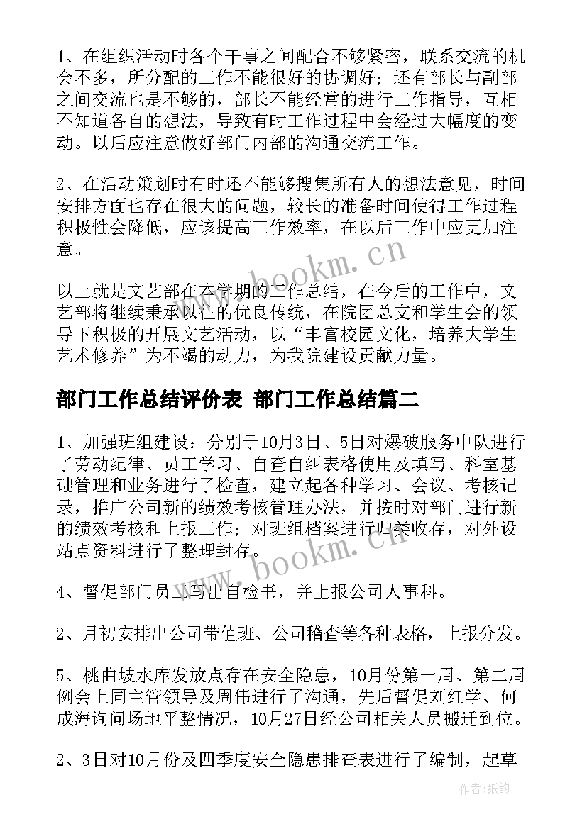 最新部门工作总结评价表 部门工作总结(大全5篇)