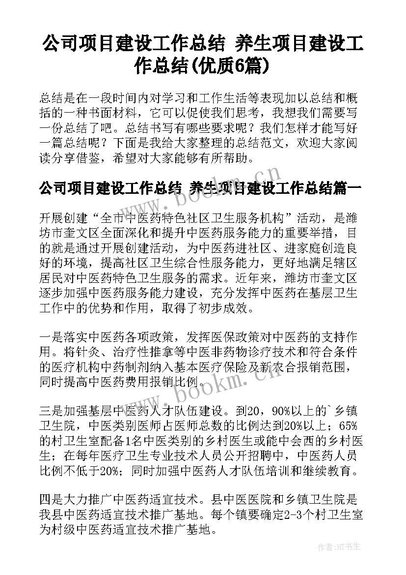 公司项目建设工作总结 养生项目建设工作总结(优质6篇)