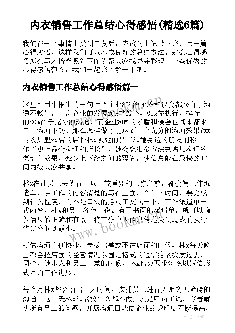 内衣销售工作总结心得感悟(精选6篇)