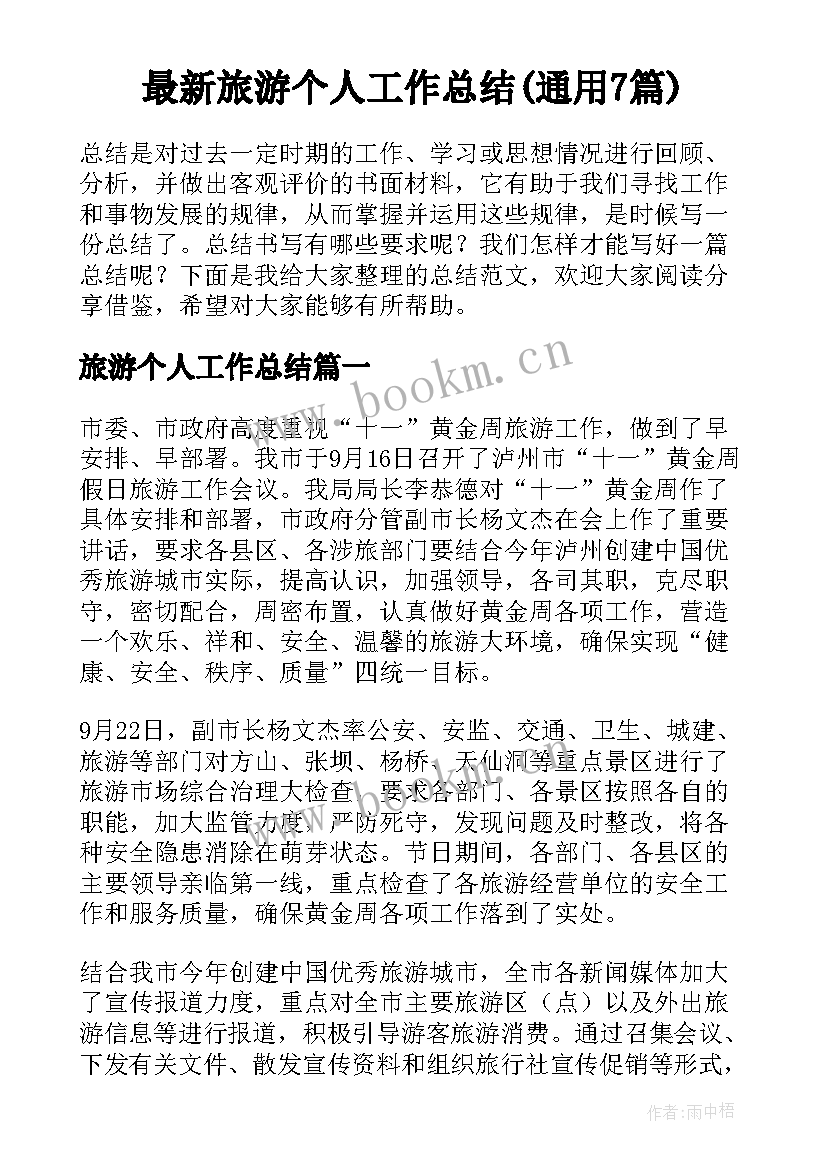 最新旅游个人工作总结(通用7篇)