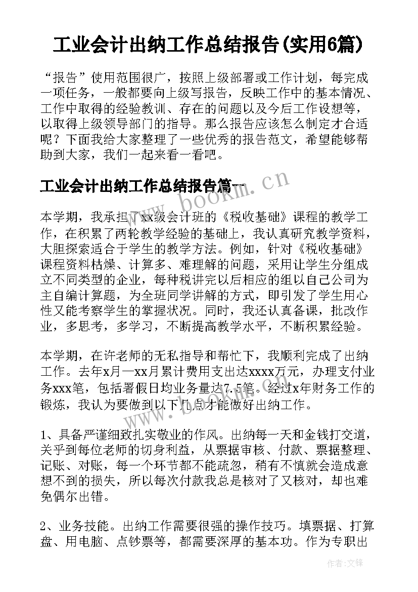 工业会计出纳工作总结报告(实用6篇)