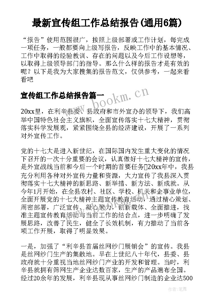 最新宣传组工作总结报告(通用6篇)