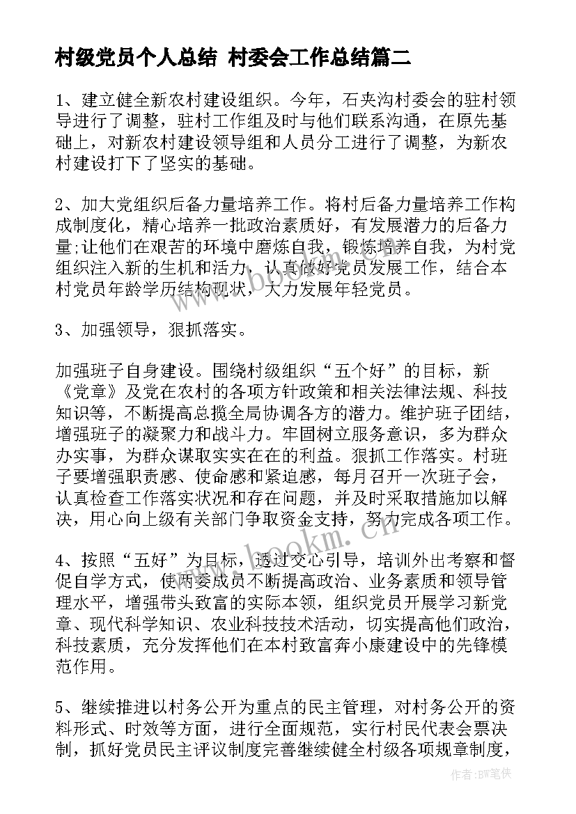 2023年村级党员个人总结 村委会工作总结(通用5篇)