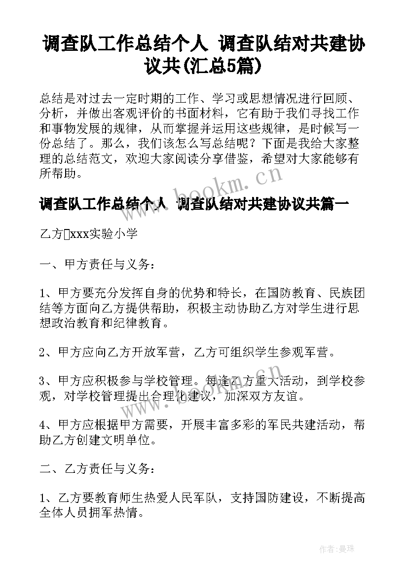 调查队工作总结个人 调查队结对共建协议共(汇总5篇)