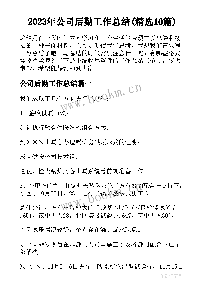 2023年公司后勤工作总结(精选10篇)