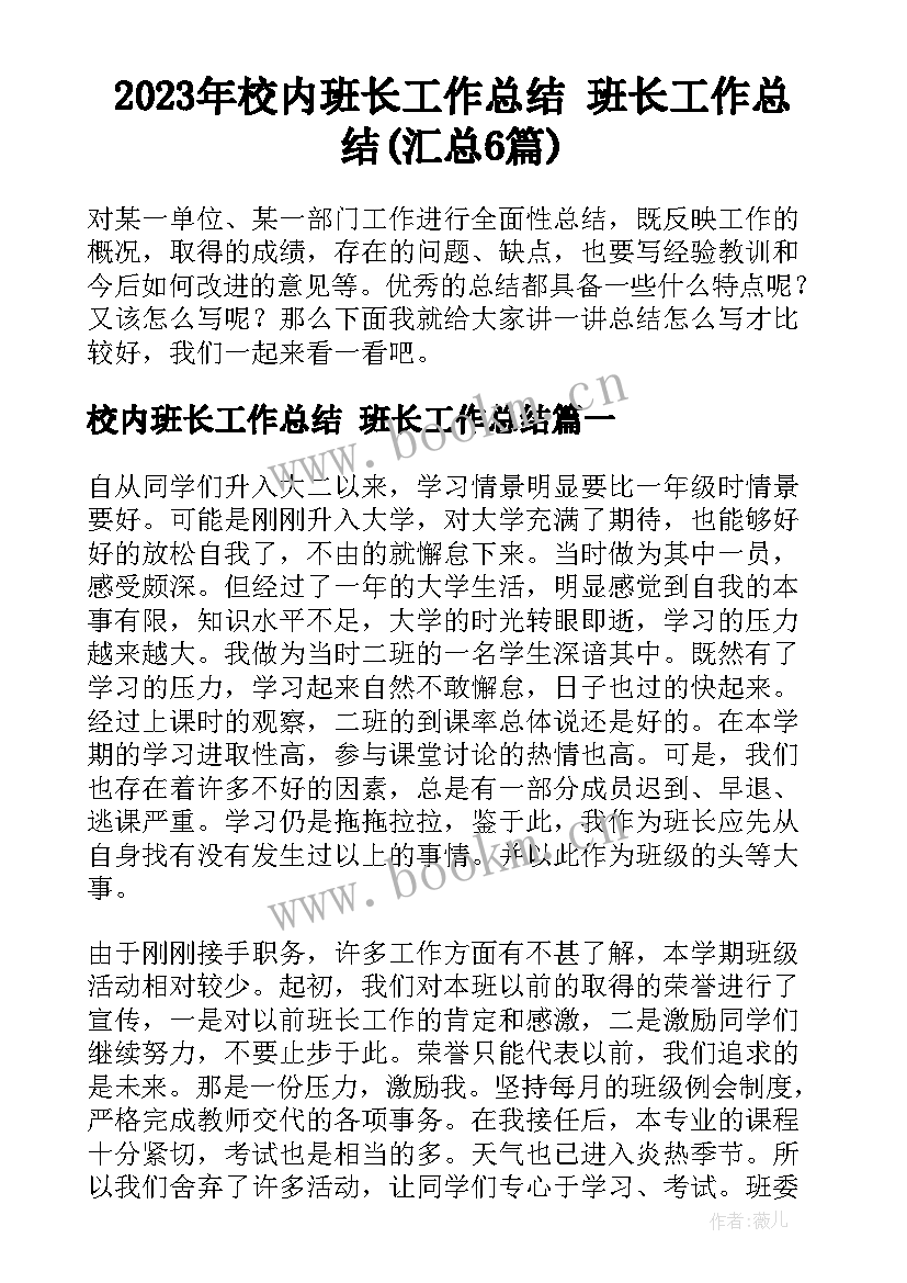 2023年校内班长工作总结 班长工作总结(汇总6篇)