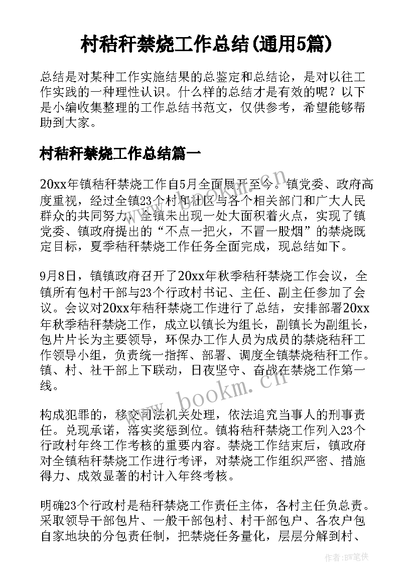 村秸秆禁烧工作总结(通用5篇)