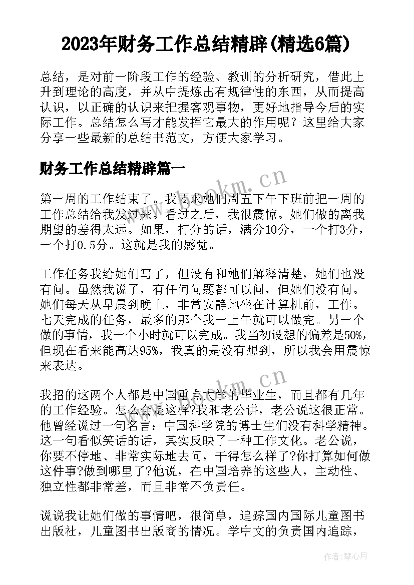 2023年财务工作总结精辟(精选6篇)