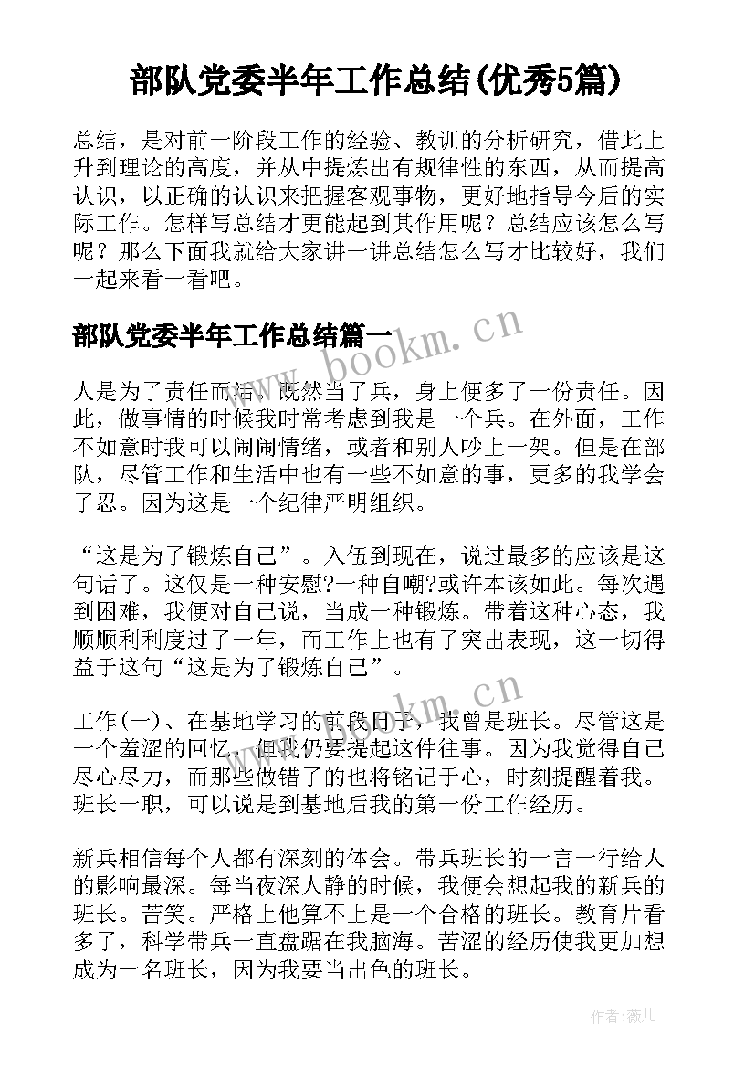 部队党委半年工作总结(优秀5篇)