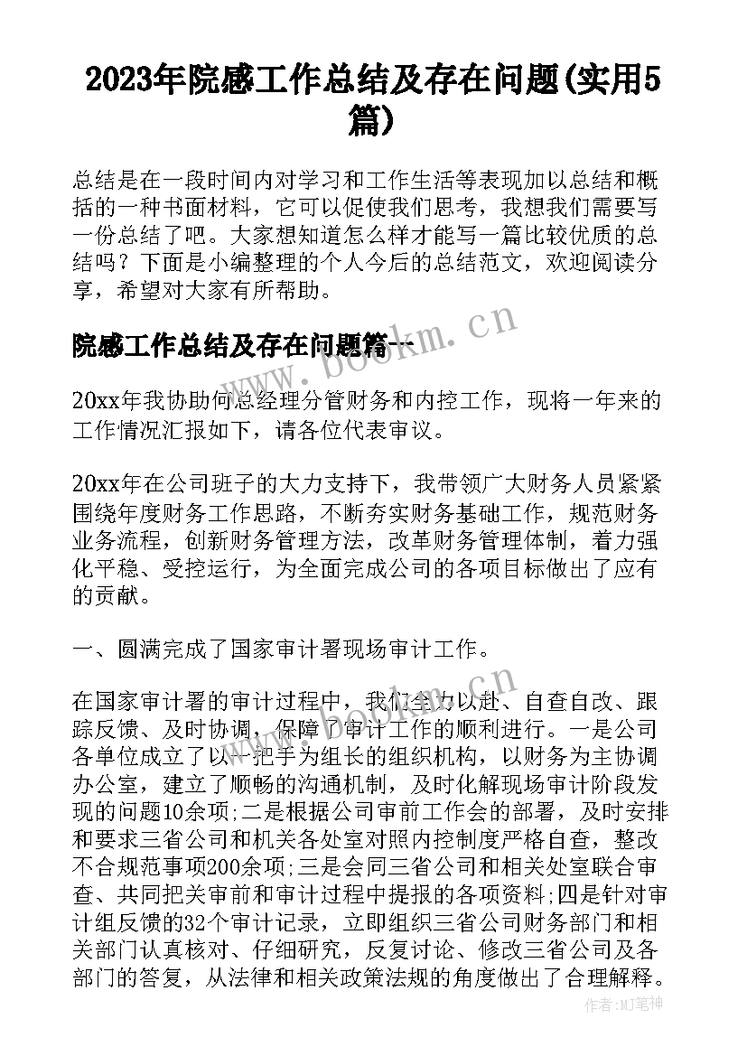 2023年院感工作总结及存在问题(实用5篇)